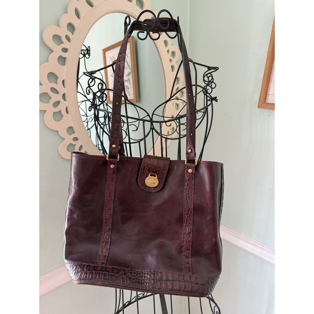Brahmin Tote Bag Womens Medium Burgundy Good Leather Croc‎ Embossed Vintage